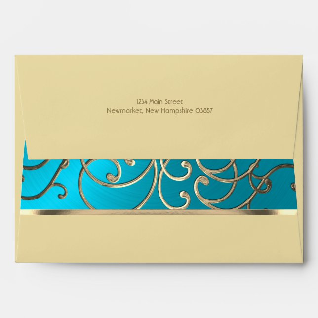 Elegant Turquoise Blue Gold Filigree Envelope (Back (Top Flap))