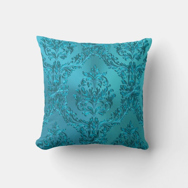 Elegant Turquoise Blue Green Damask Cushion (Front)