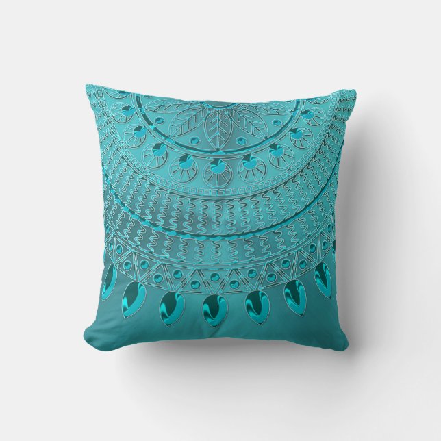 Elegant Turquoise Blue Green Mandala Cushion (Front)