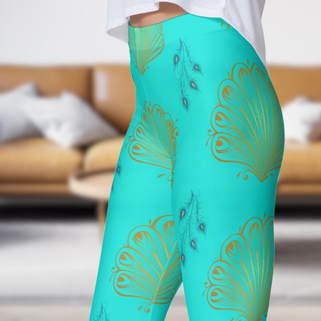 Elegant Turquoise Blue Peacock Fan Pattern Leggings (Peacock Fan on Bright Turquoise Leggings)