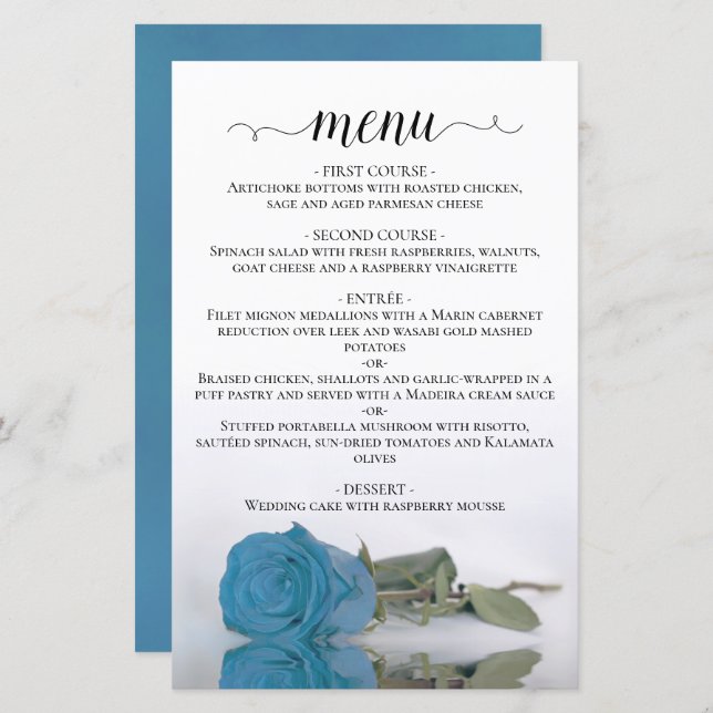 Elegant Turquoise Blue Rose Budget Wedding Menu (Front/Back)