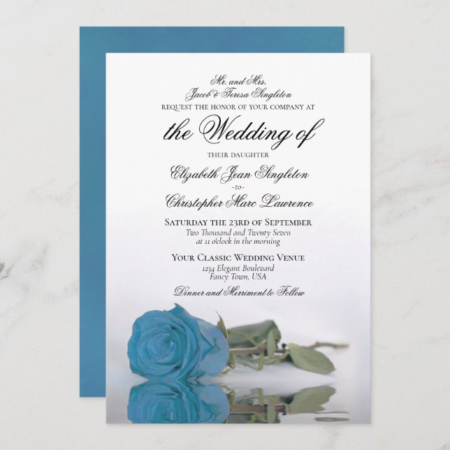 Elegant Turquoise Blue Rose Formal Wedding Invitation (Front/Back)