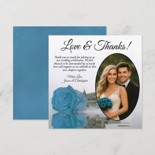 Elegant Turquoise Blue Rose & Oval Photo Wedding Thank You Card