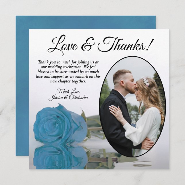 Elegant Turquoise Blue Rose & Oval Photo Wedding Thank You Card (Front/Back)