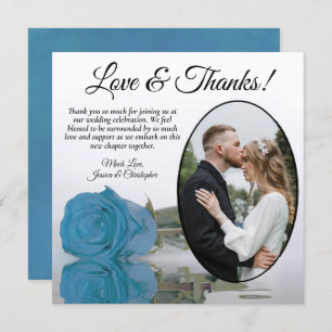 Elegant Turquoise Blue Rose & Oval Photo Wedding Thank You Card