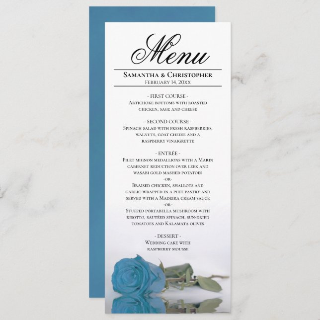 Elegant Turquoise Blue Rose Reflections Wedding Menu (Front/Back)