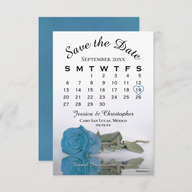 Elegant Turquoise Blue Rose Wedding Calendar Save The Date (Front/Back)