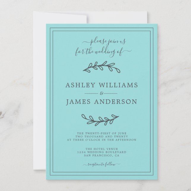Elegant Turquoise Blue Wedding invitation (Front)