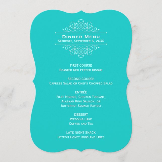 Elegant Turquoise Blue Wedding Monogram Dinner Menu (Front)