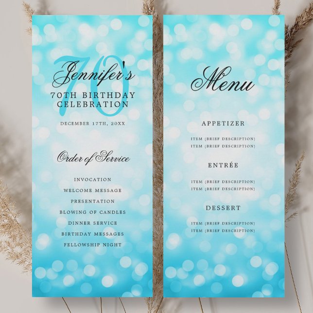 Elegant Turquoise Bokeh 70th Birthday Program Menu (Elegant Turquoise Bokeh 70th Birthday Program Menu)