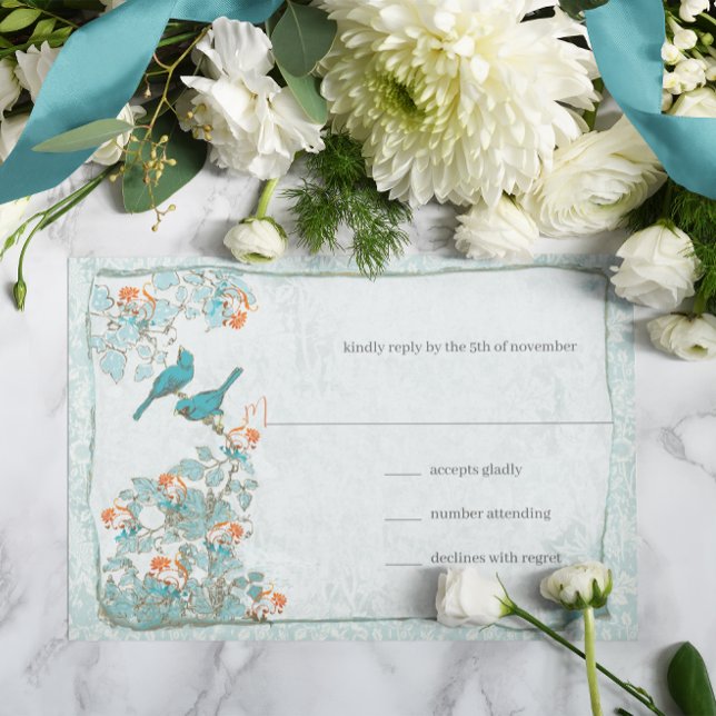 Elegant Turquoise Coral Birds Damask Wedding RSVP Card (Creator Uploaded)