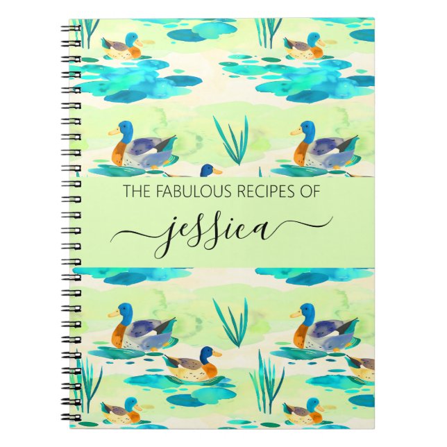 Elegant turquoise ducks script name Recipe Notebook (Front)