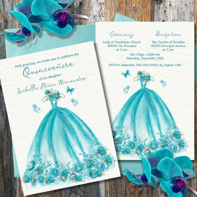Elegant Turquoise Floral Butterflies Quinceañera  Invitation (Creator Uploaded)
