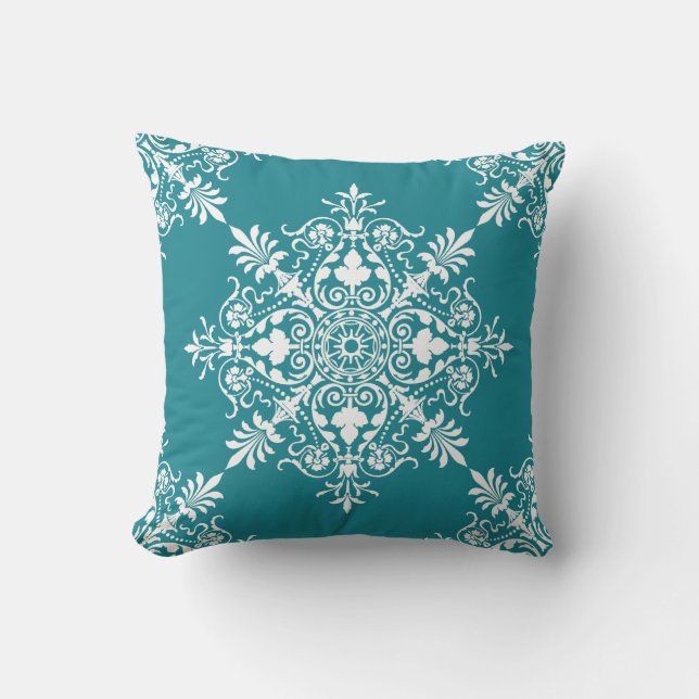 Elegant Turquoise Floral Damask pattern Cushion (Front)