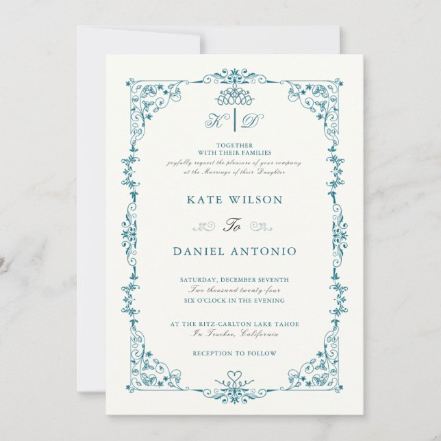 Elegant Turquoise Floral Frame Wedding Invitation (Front)