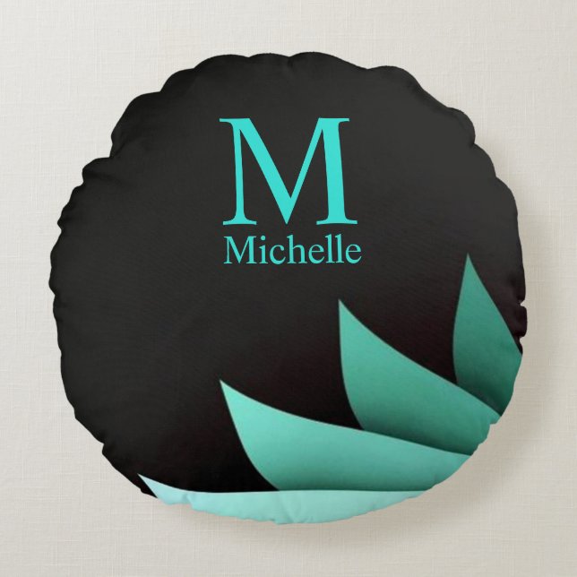 Elegant Turquoise Floral Personalised Monogram Round Cushion (Front)