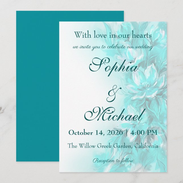 Elegant turquoise floral wedding invitation (Front/Back)