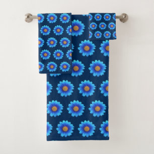 Elegant Turquoise Flowers on Prussian Blue Bath Towel Set