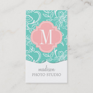 Elegant Turquoise Girly Lace Personalised Monogram Business Card