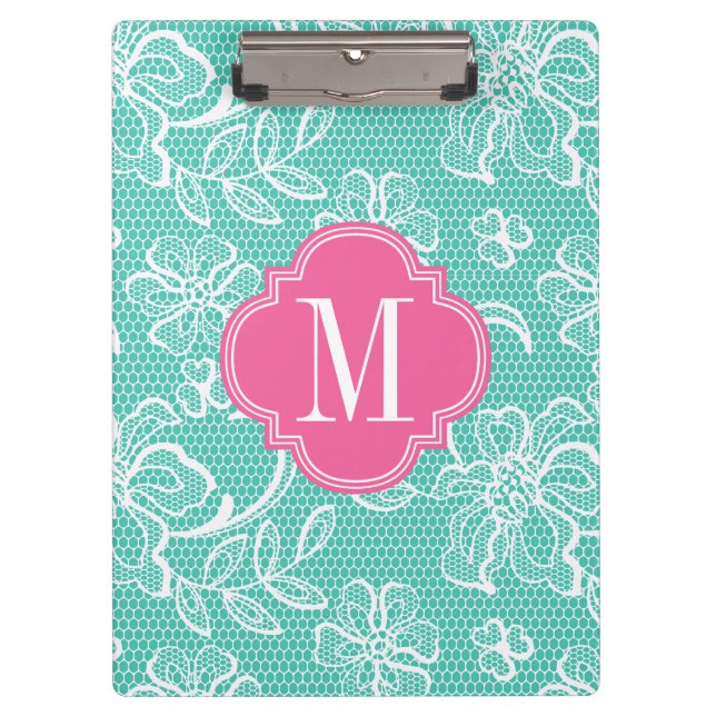 Elegant Turquoise Girly Lace Personalised Monogram Clipboard (Front)