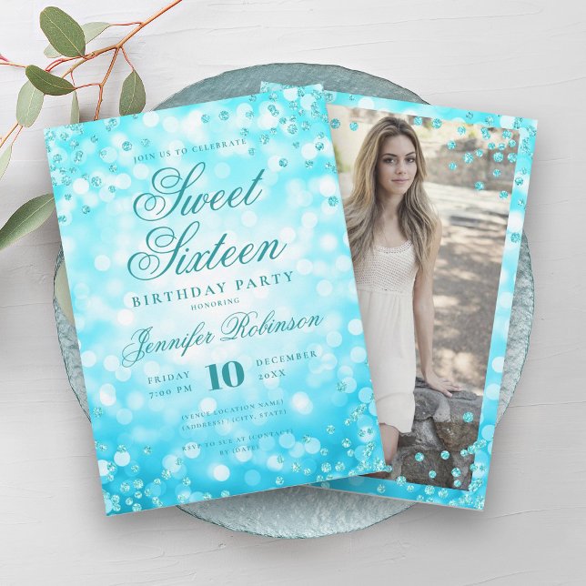 Elegant Turquoise Glam Lights Photo Sweet 16   Invitation (Elegant Turquoise Glam Lights Photo Sweet 16 Invitation)