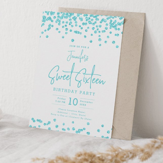 Elegant Turquoise Glitter Confetti Sweet 16 Party Invitation (Elegant Turquoise Glitter Confetti Sweet 16 Party Invitation)