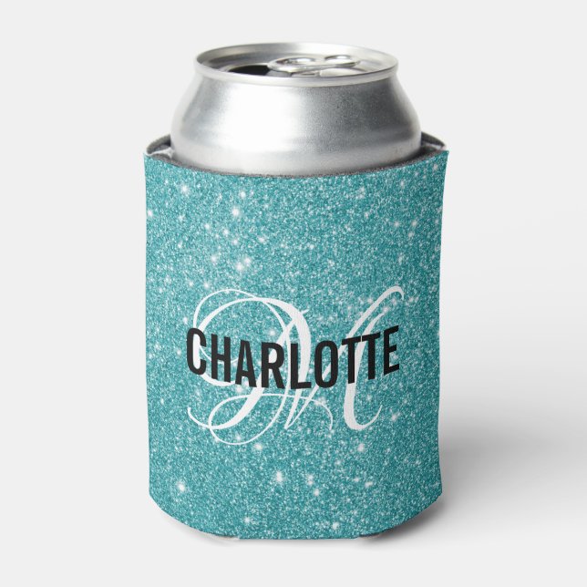 Elegant turquoise glitter monogram name  can cooler (Can Front)