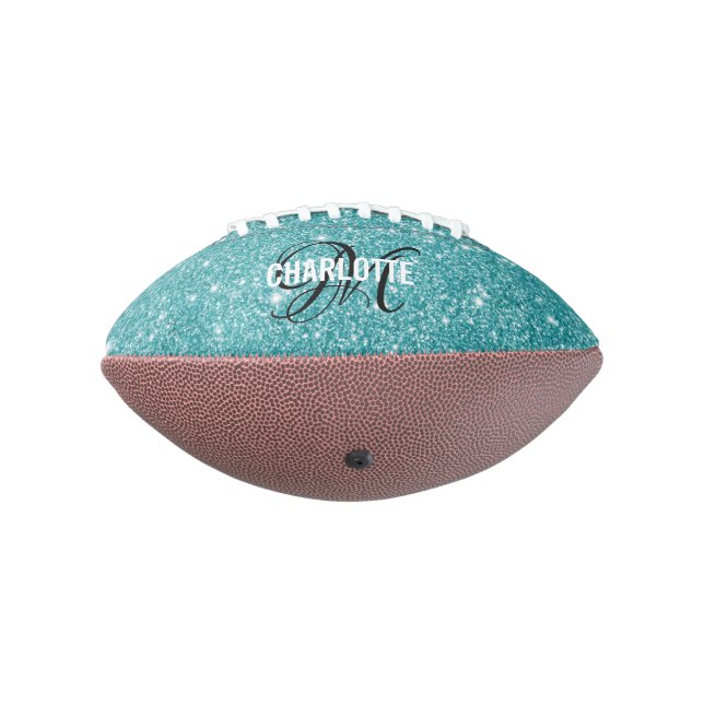 Elegant turquoise glitter monogram name football (Rotated 270)