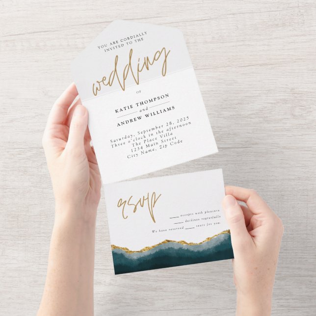 Elegant Turquoise Gold Agate Calligraphy Wedding All In One Invitation (Tearaway)