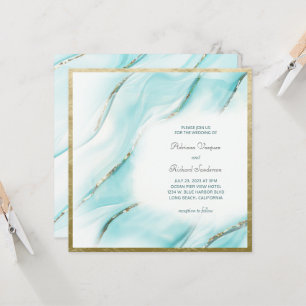 Elegant Turquoise Gold Agate Square Wedding  Invitation