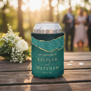 Elegant Turquoise & Gold Agate Wedding Can Cooler