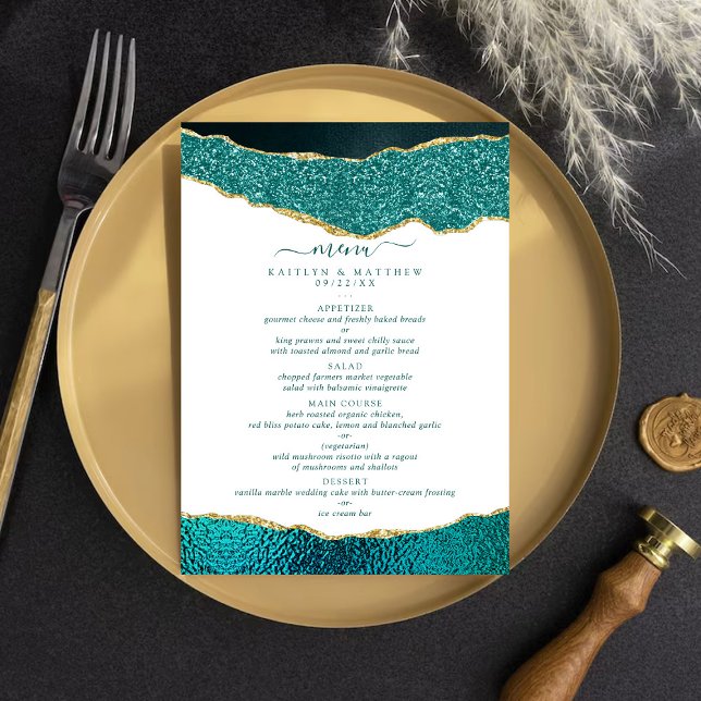 Elegant Turquoise & Gold Agate Wedding Menu (Creator Uploaded)