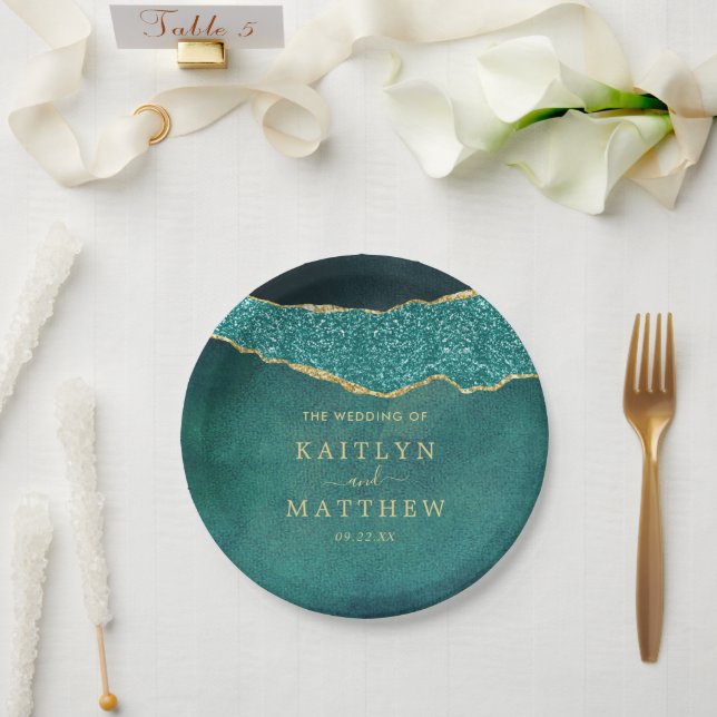 Elegant Turquoise & Gold Agate Wedding Paper Plate (Wedding)