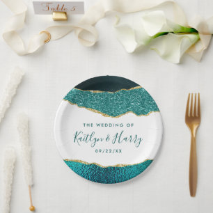 Elegant Turquoise & Gold Agate Wedding Paper Plate