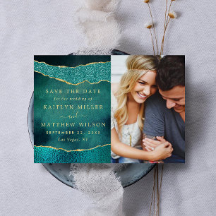 Elegant Turquoise & Gold Agate Wedding Photo Save The Date