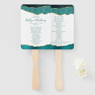 Elegant Turquoise & Gold Agate Wedding Program Hand Fan