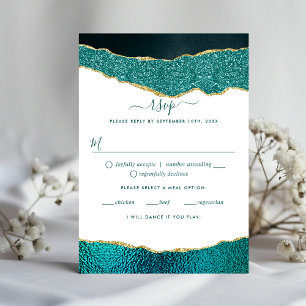 Elegant Turquoise & Gold Agate Wedding RSVP Card