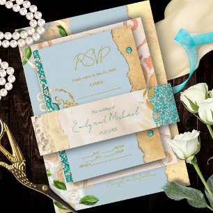 Elegant Turquoise Gold Floral Lace Wedding Invitation Belly Band