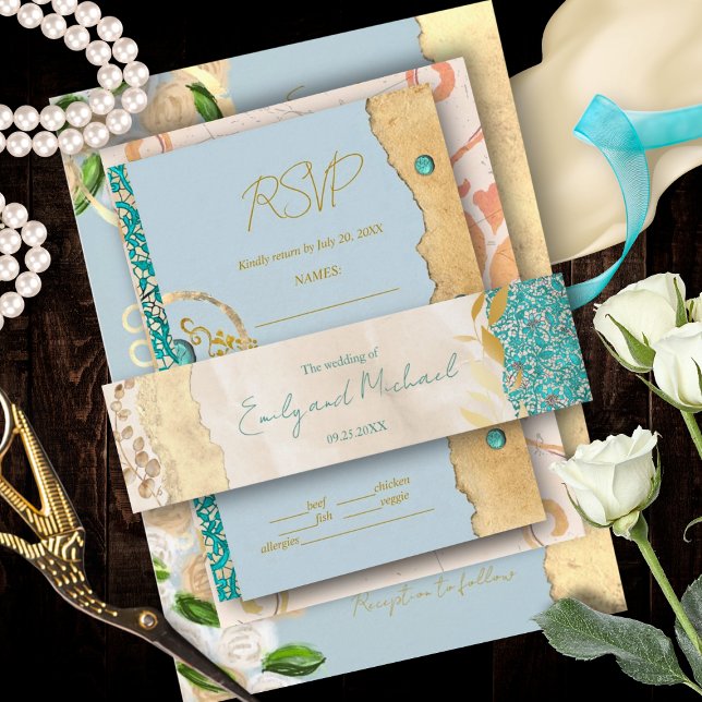 Elegant Turquoise Gold Floral Lace Wedding         Invitation Belly Band (Creator Uploaded)