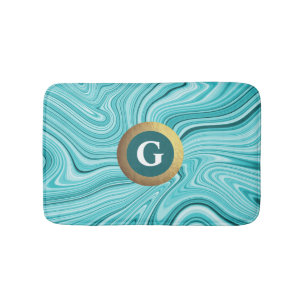 Elegant turquoise gold marble monogram bath mat