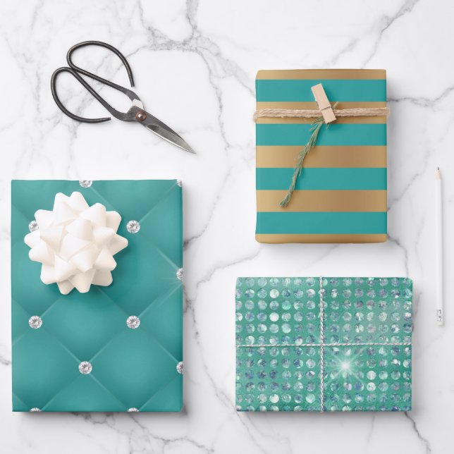 Elegant Turquoise Gold Stripes Glitter Gift Wrapping Paper Sheet (Front)