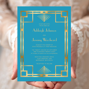 Elegant Turquoise Gold Vintage 1920s Deco Wedding Invitation