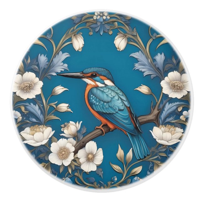 Elegant Turquoise Kingfisher Bird Floral  Ceramic Knob (Front)