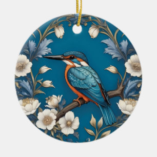 Elegant Turquoise Kingfisher Bird Floral  Ceramic Ornament
