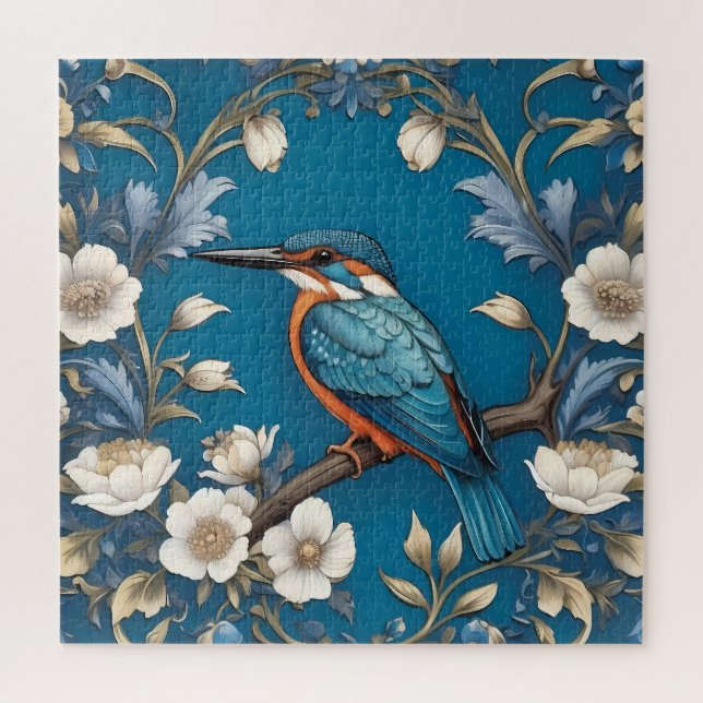 Elegant Turquoise Kingfisher Bird Floral  Jigsaw Puzzle (Vertical)