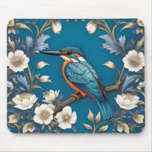 Elegant Turquoise Kingfisher Bird Floral  Mouse Pad