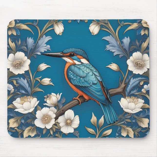 Elegant Turquoise Kingfisher Bird Floral  Mouse Pad (Front)
