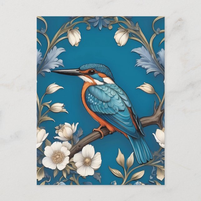Elegant Turquoise Kingfisher Bird Floral  Postcard (Front)