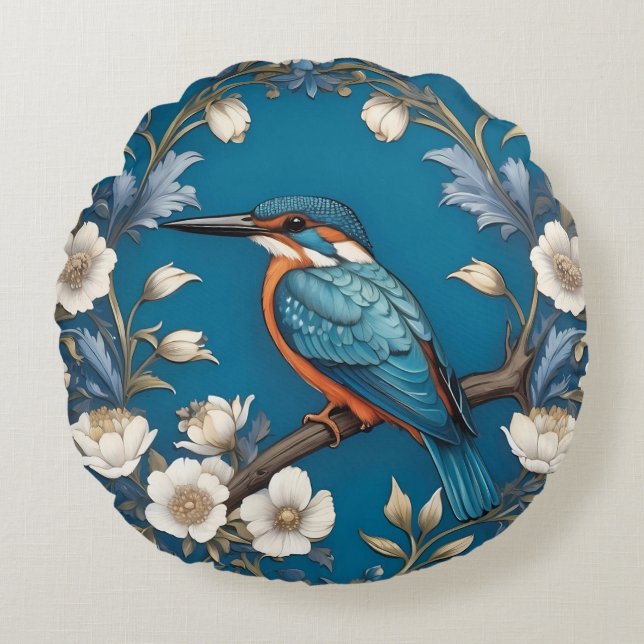 Elegant Turquoise Kingfisher Bird Floral  Round Cushion (Front)