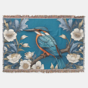 Elegant Turquoise Kingfisher Bird Floral  Throw Blanket